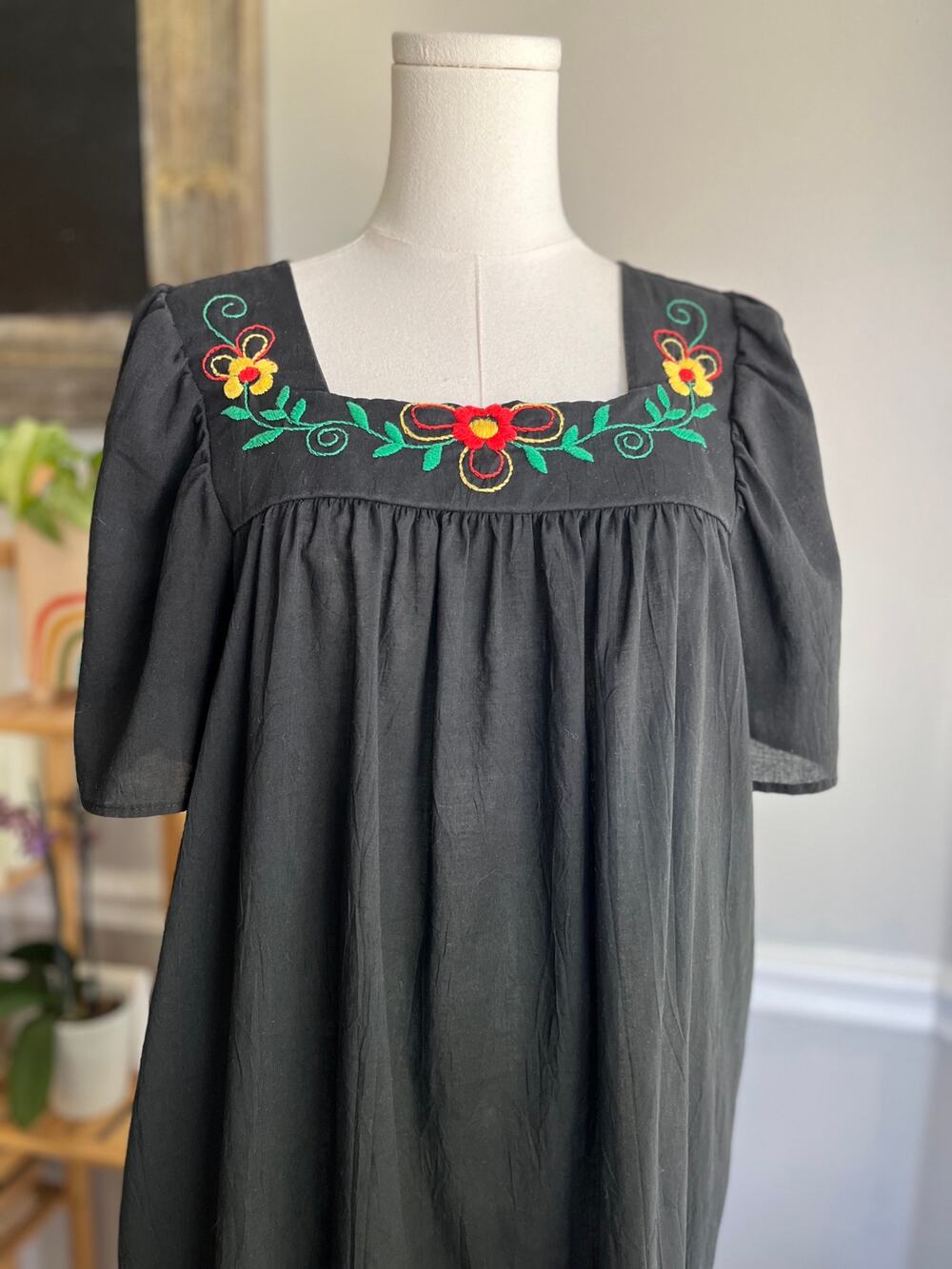 Vintage 90s Black Oaxacan Dress Midi Embroidered Flowers Size XL